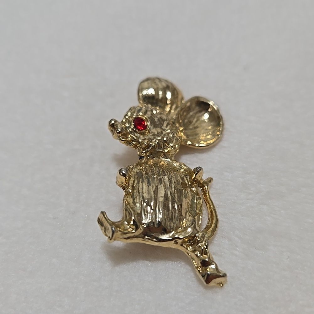 Gold Plated Mouse Brooch with Red Crystal